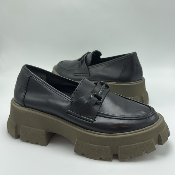 Steve Madden Trifecta Black and Olive Leather Platform lug sole Loafers Size 8 - Picture 2 of 8